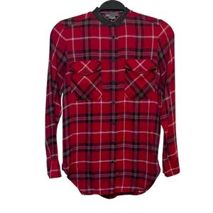 VINCE Women’s Red Plaid Leather Trim Collar Button Tunic Shirt 2